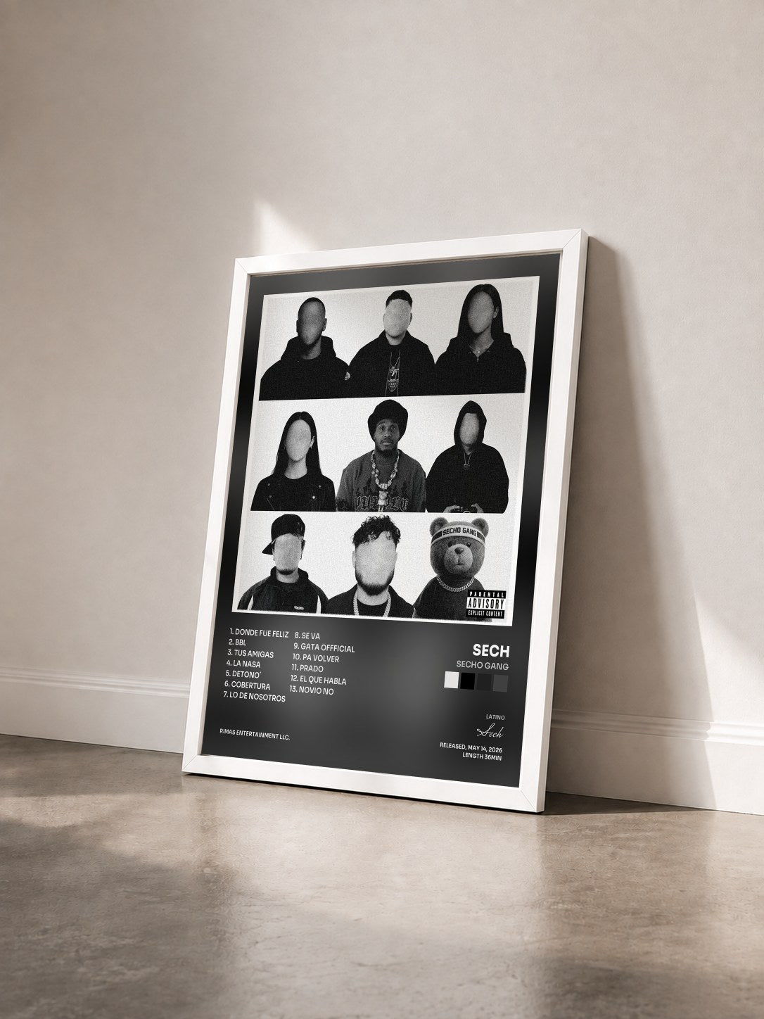#blanc SECHO GANG by Sech as a framed art print seen at an angle, white frame