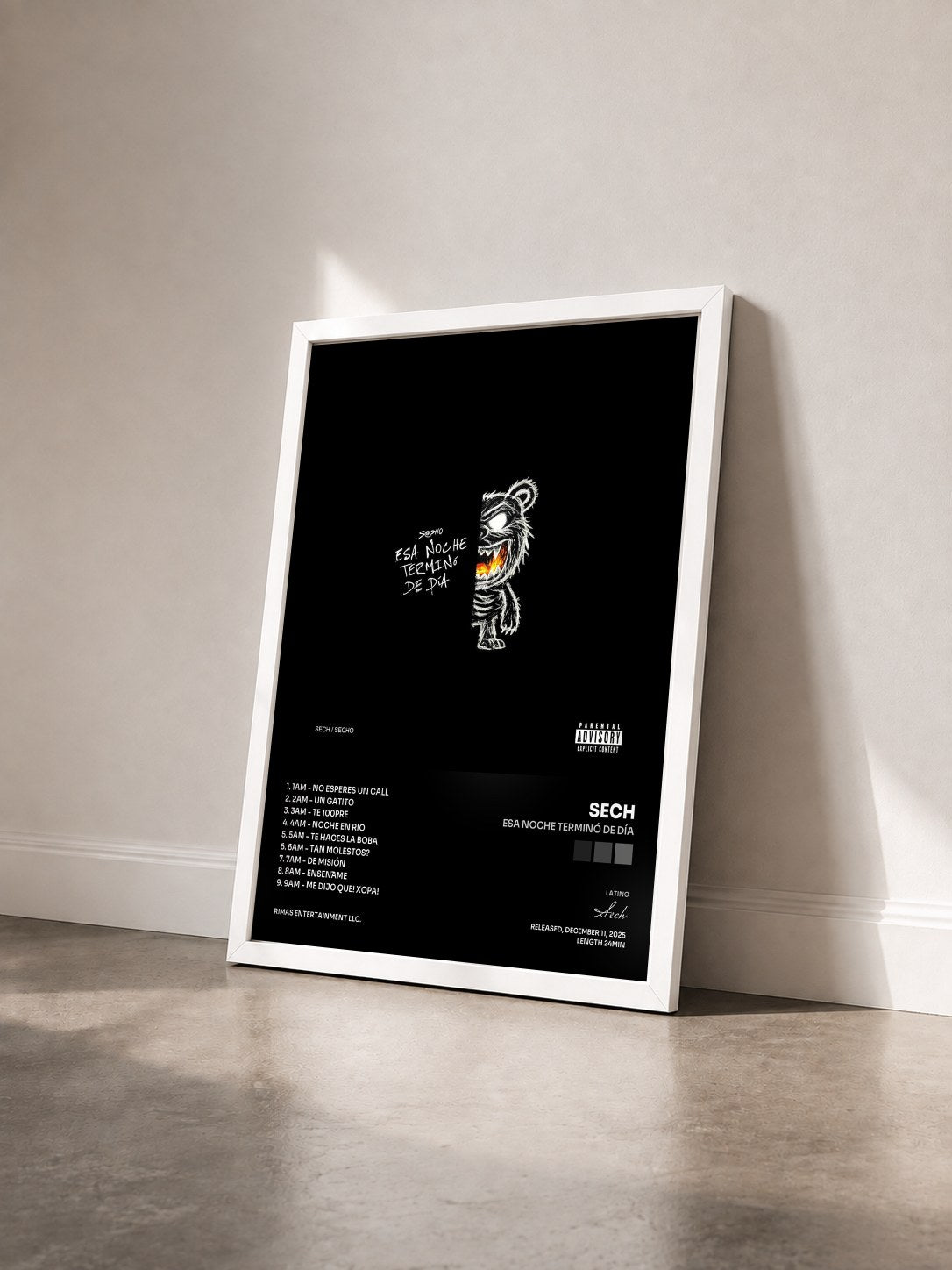 #blanc ESA NOCHE TERMINÓ DE DÍA by Sech as a framed art print seen at an angle, white frame