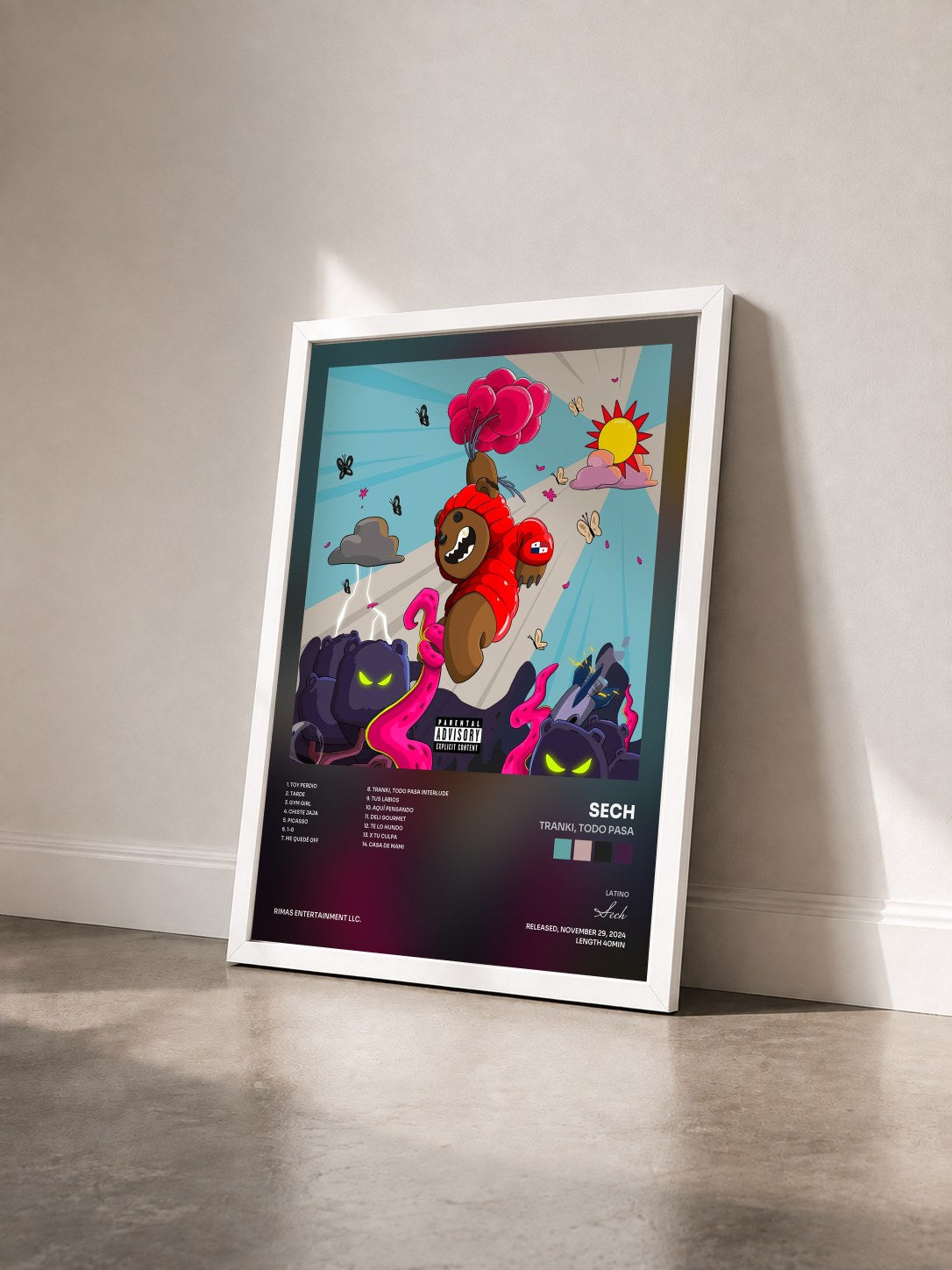 #blanc Tranki, Todo Pasa by Sech as a framed art print seen at an angle, white frame