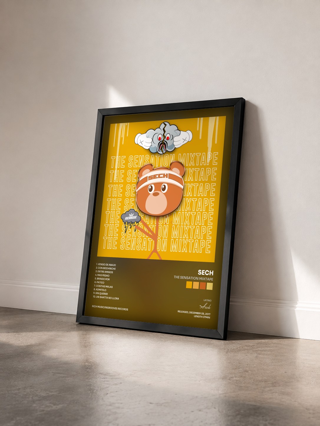#noir The Sensation Mixtape by Sech as a framed art print seen at an angle, black frame