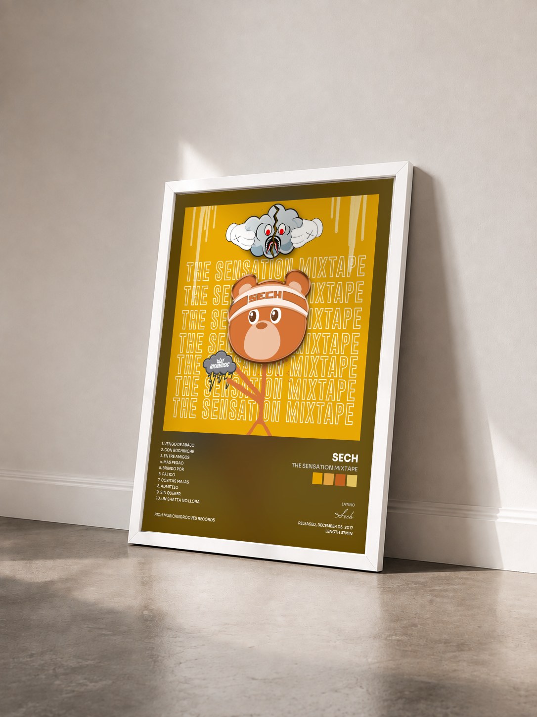 #blanc The Sensation Mixtape by Sech as a framed art print seen at an angle, white frame