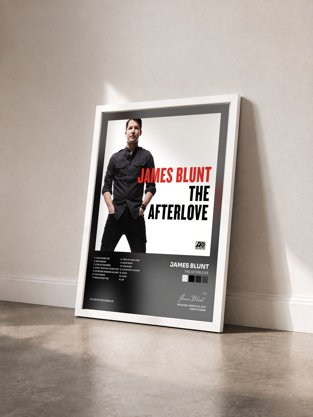 #blanc Tableau de l'album The Afterlove de James Blunt vu de trois quarts, cadre blanc