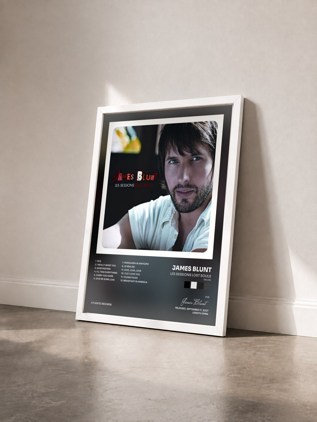 #blanc Tableau de l'album Les Sessions Lost Souls (Deluxe) de James Blunt vu de trois quarts, cadre blanc