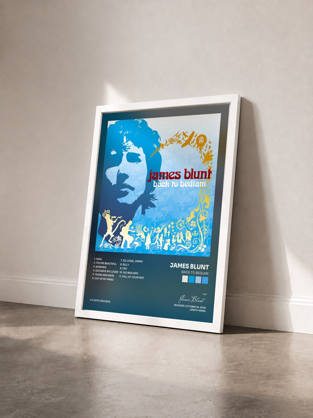 #blanc Tableau de l'album Back to Bedlam de James Blunt vu de trois quarts, cadre blanc