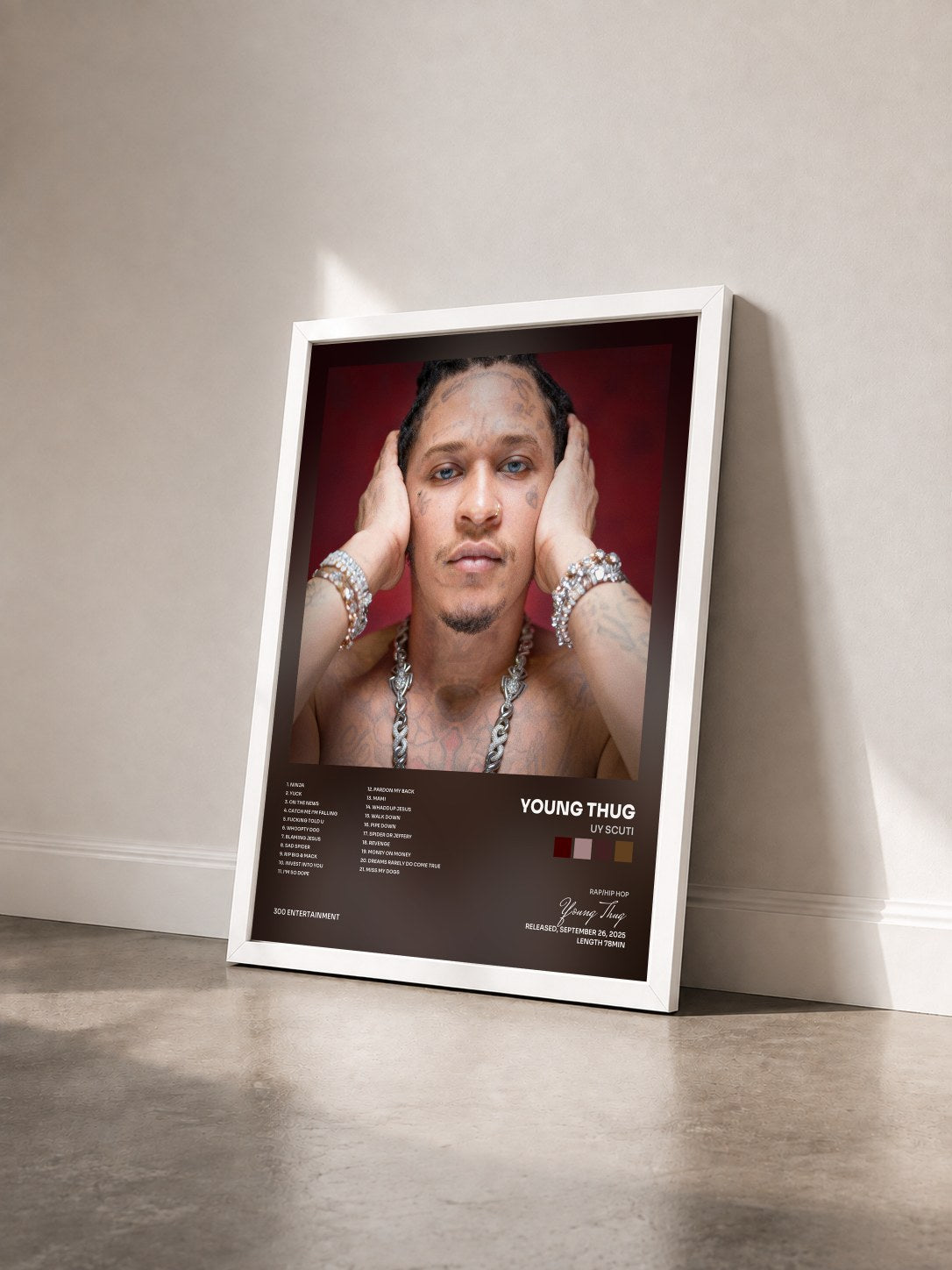 #blanc Tableau de l'album UY SCUTI de Young Thug vu de trois quarts, cadre blanc