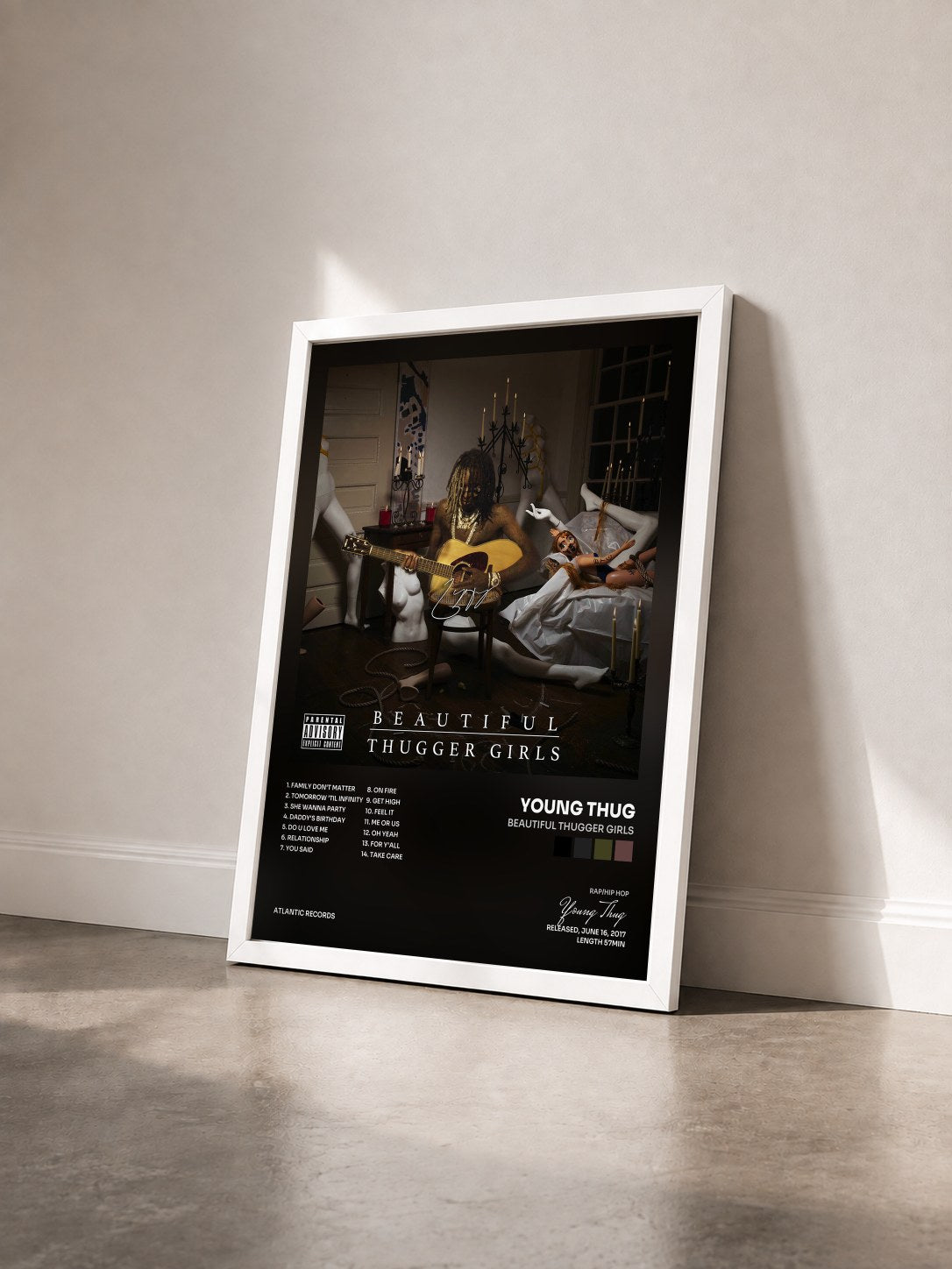 #blanc Beautiful Thugger Girls by Young Thug as a framed art print seen at an angle, white frame