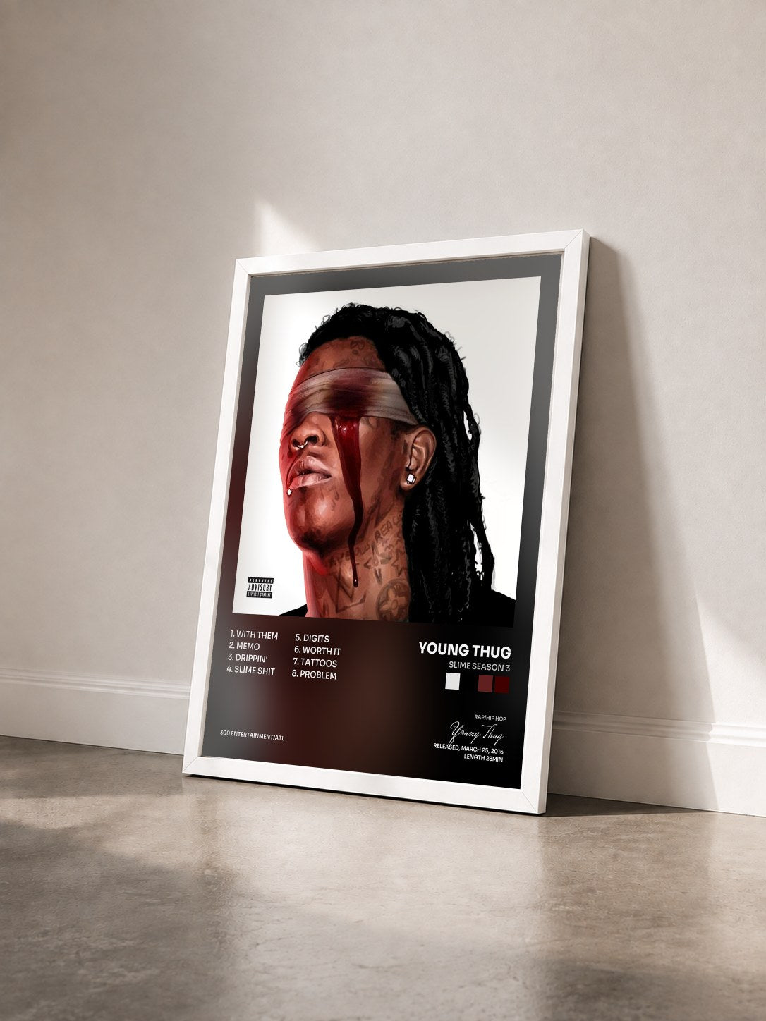 #blanc Tableau de l'album Slime Season 3 de Young Thug vu de trois quarts, cadre blanc