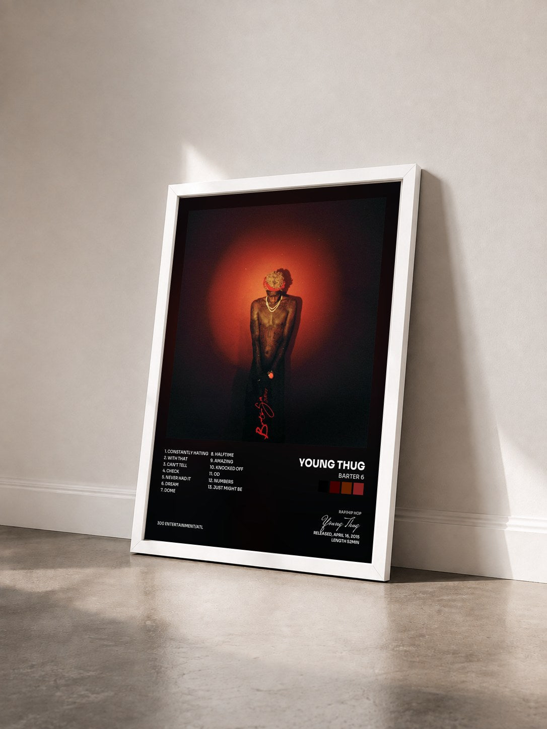 #blanc Barter 6 by Young Thug as a framed art print seen at an angle, white frame