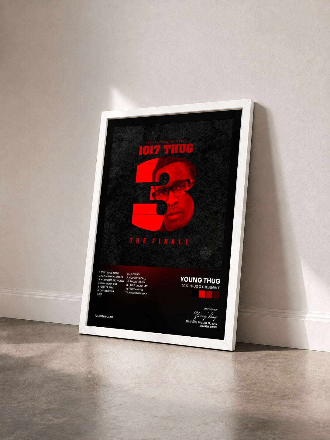 #blanc Tableau de l'album 1017 Thug 3 The Finale de Young Thug vu de trois quarts, cadre blanc