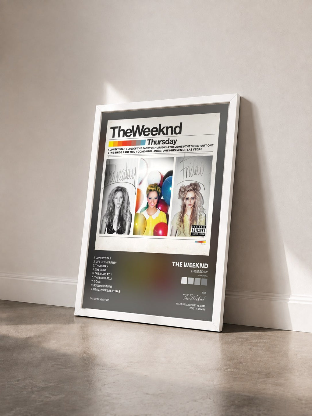 #blanc Tableau de l'album Thursday (Original) de The Weeknd vu de trois quarts, cadre blanc