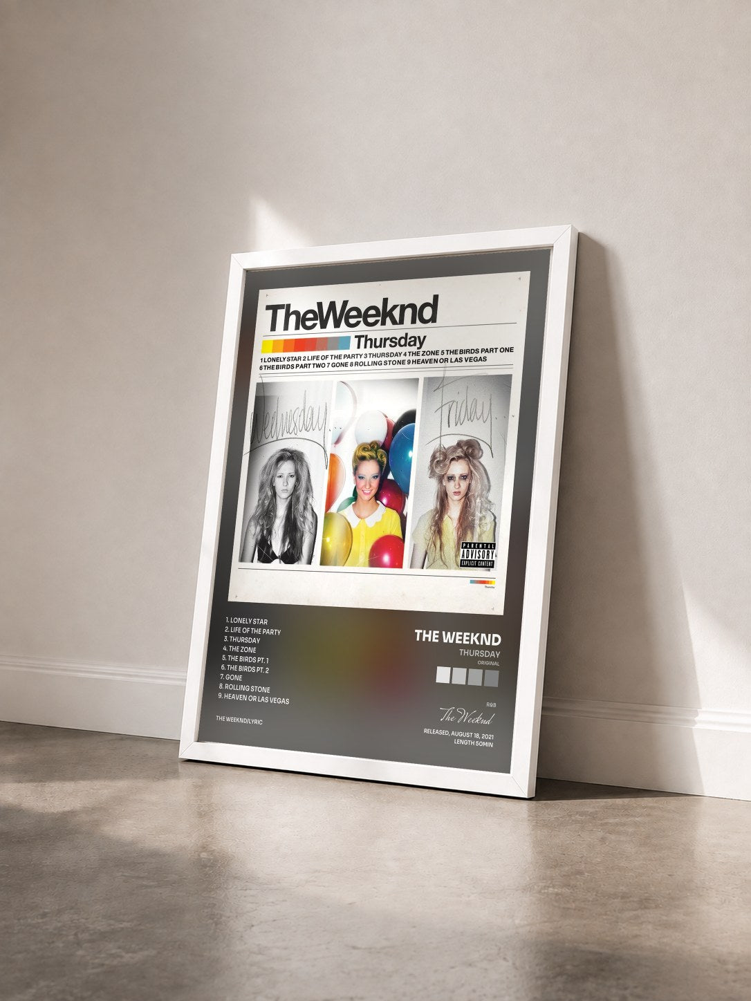 #blanc Tableau de l'album Thursday (Original) de The Weeknd vu de trois quarts, cadre blanc