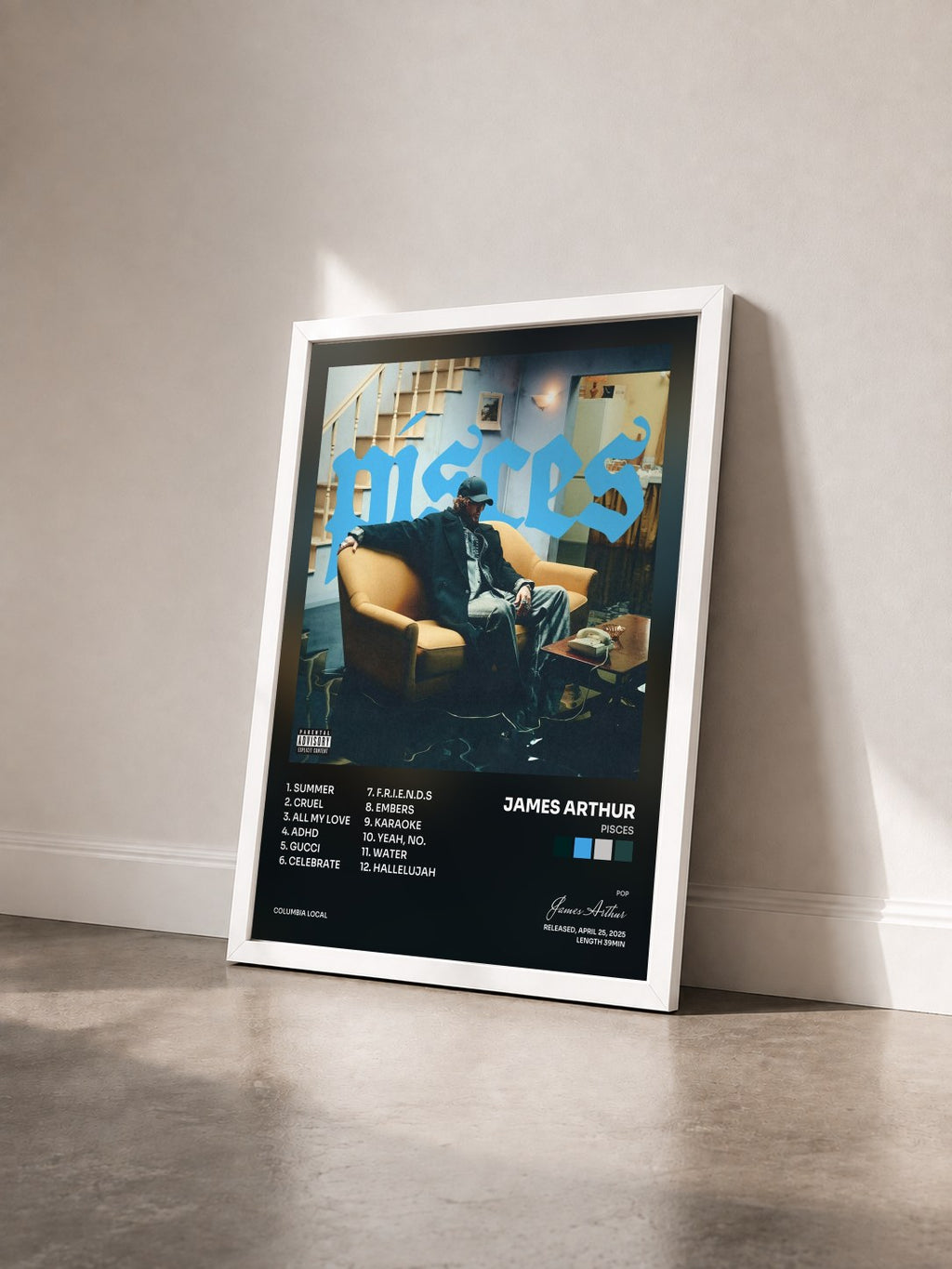 #blanc Tableau de l'album PISCES de James Arthur vu de trois quarts, cadre blanc