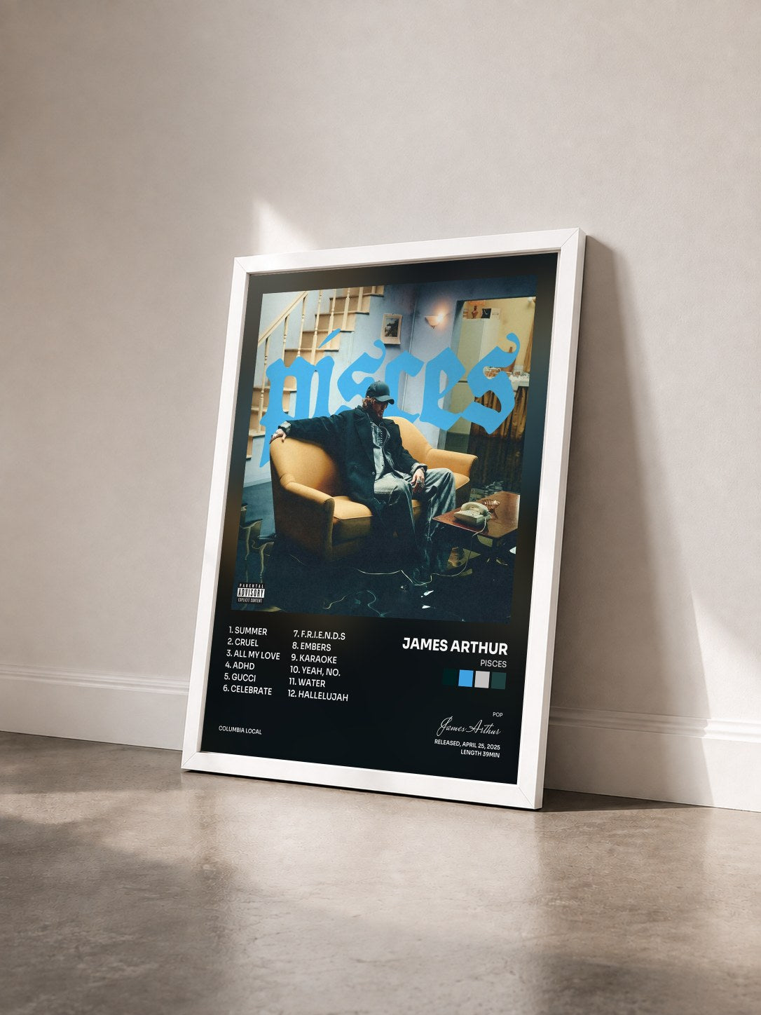 #blanc Tableau de l'album PISCES de James Arthur vu de trois quarts, cadre blanc