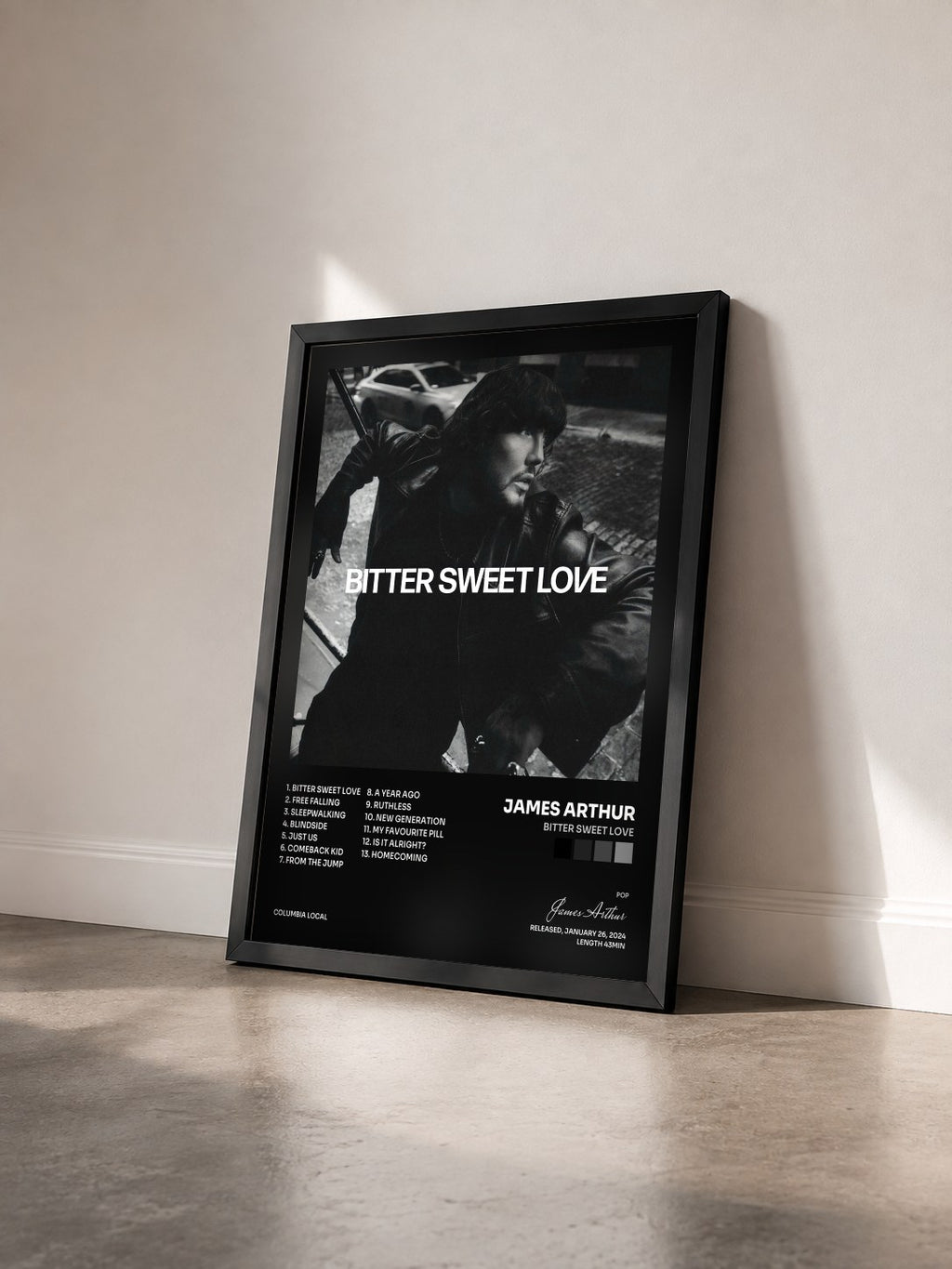 #noir Bitter Sweet Love de James Arthur en lámina enmarcada vista de tres cuartos, marco negro