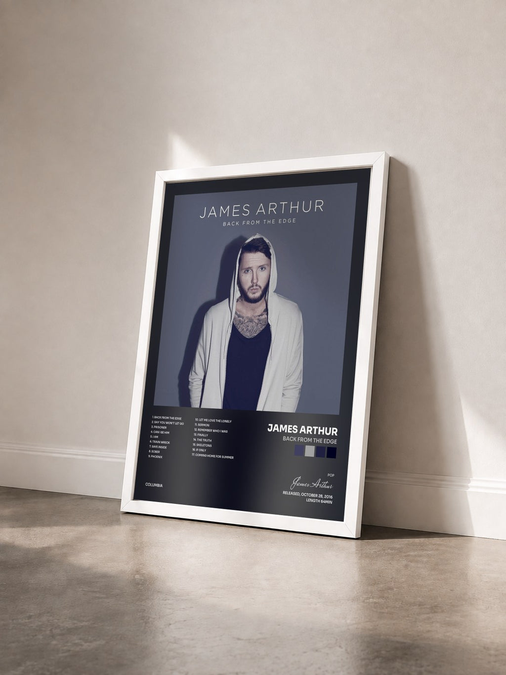 #blanc Tableau de l'album Back from the Edge de James Arthur vu de trois quarts, cadre blanc