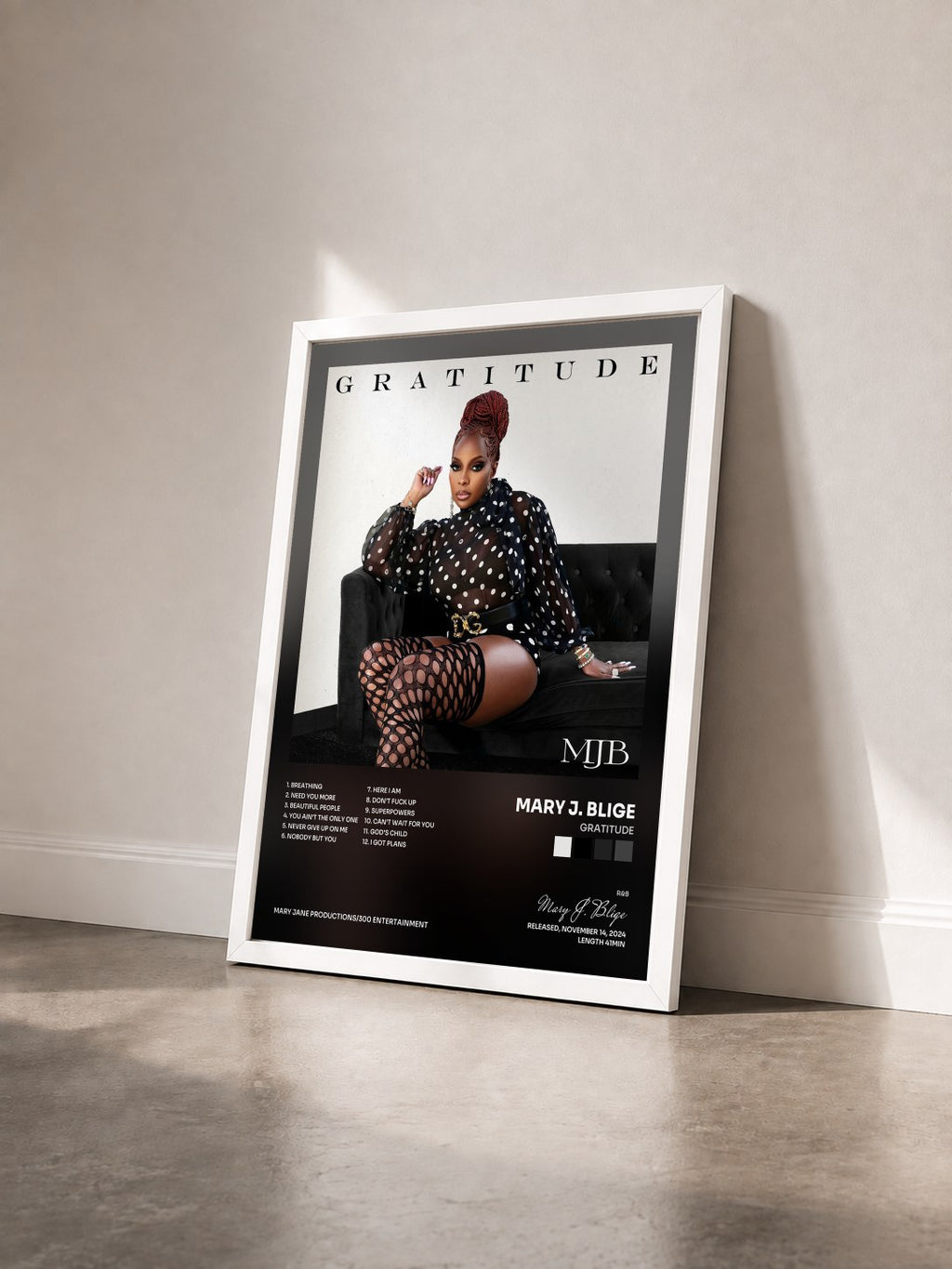 #blanc Tableau de l'album Gratitude de Mary J. Blige vu de trois quarts, cadre blanc