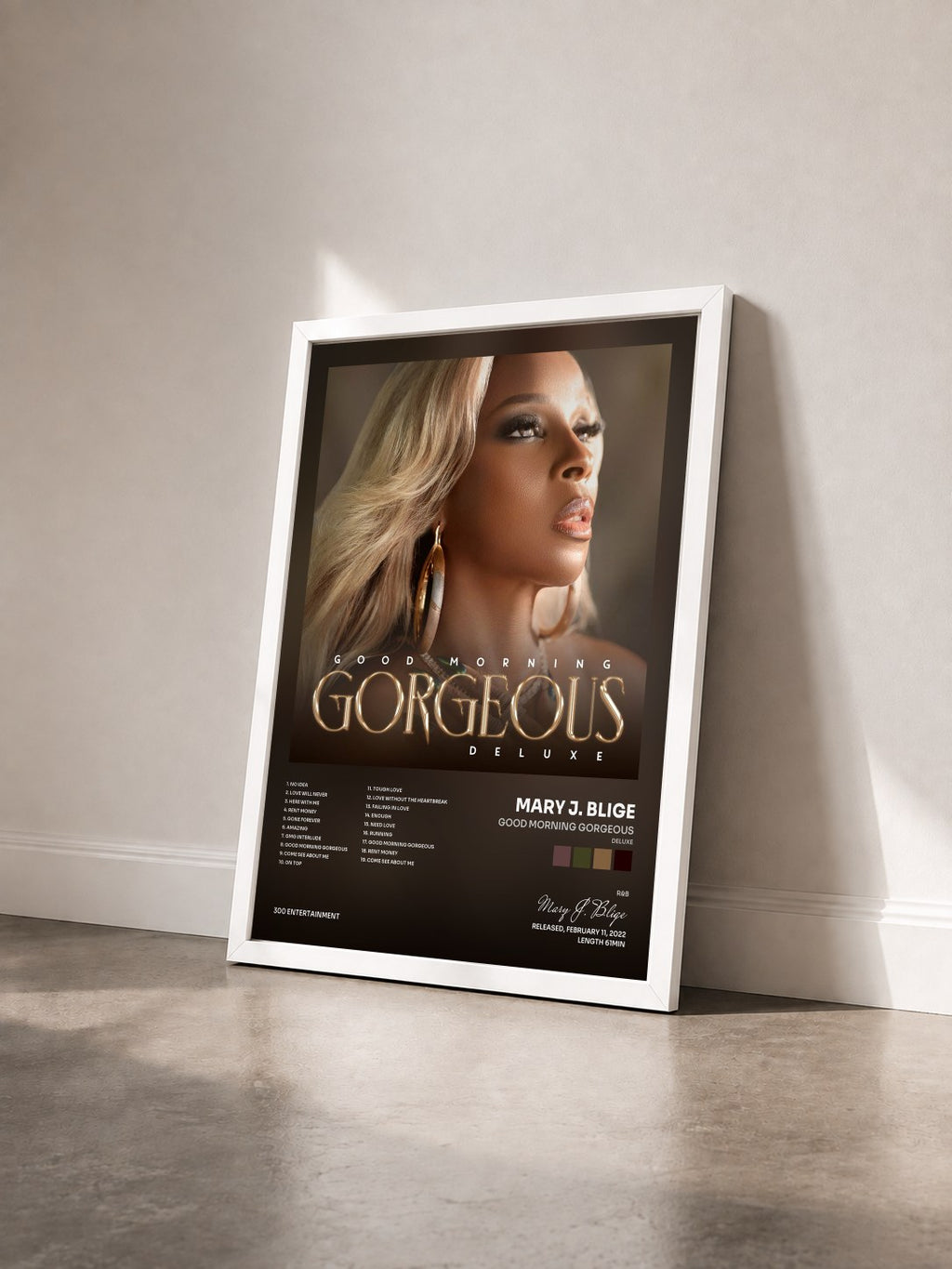 #blanc Good Morning Gorgeous (Deluxe) de Mary J. Blige en lámina enmarcada vista de tres cuartos, marco blanco