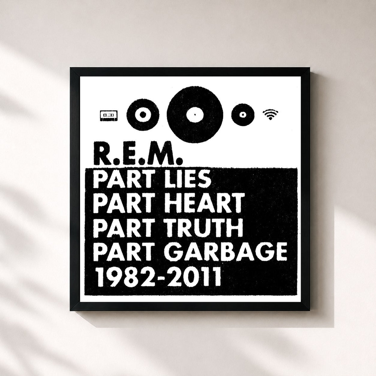 #noir Tableau carré de l'album Part Lies, Part Heart, Part Truth, Part Garbage: 1982-2011 de R.E.M., cadre noir 32x32 cm