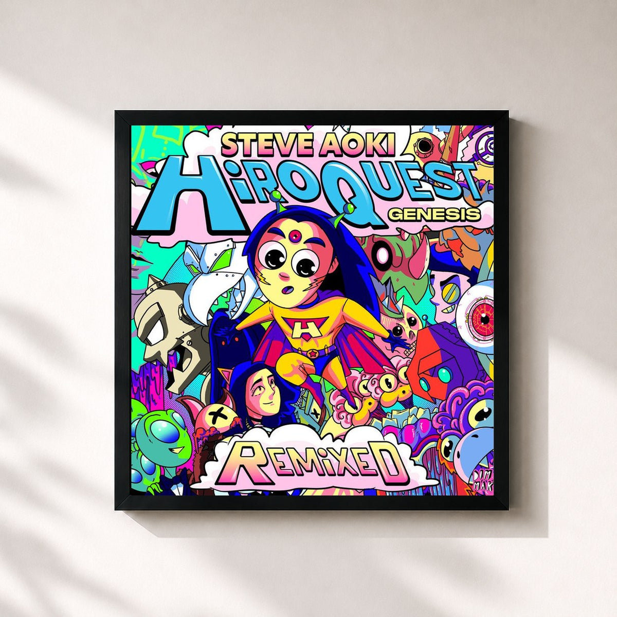 #noir Tableau carré de l'album HiROQUEST: Genesis Remixed de Steve Aoki, cadre noir 32x32 cm