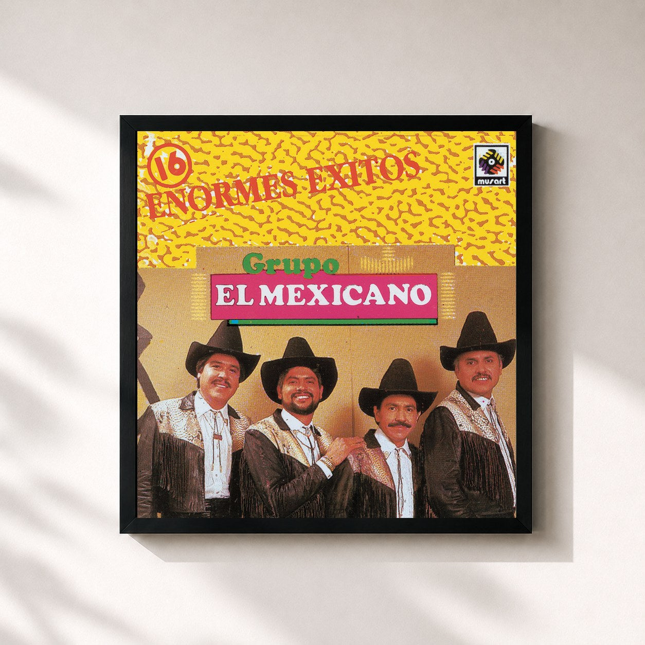 #noir Tableau carré de l'album 16 Enormes Éxitos de Mi Banda El Mexicano, cadre noir 32x32 cm