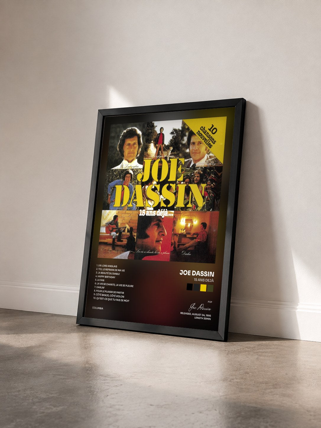 #noir 15 Ans Dejà by Joe Dassin as a framed art print seen at an angle, black frame