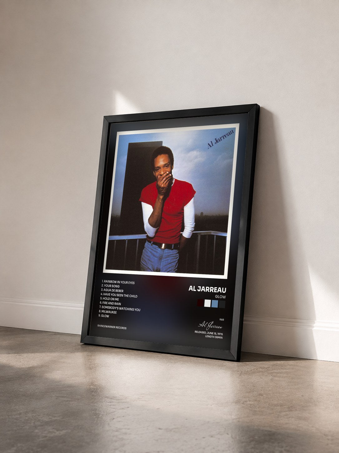 #noir Tableau de l'album Glow de Al Jarreau vu de trois quarts, cadre noir