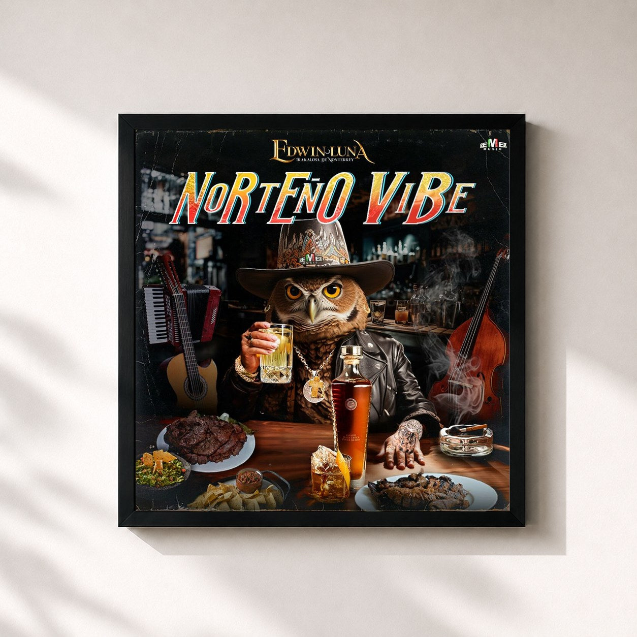 #noir Tableau carré de l'album Norteño Vibe de Edwin Luna y La Trakalosa de Monterrey, cadre noir 32x32 cm