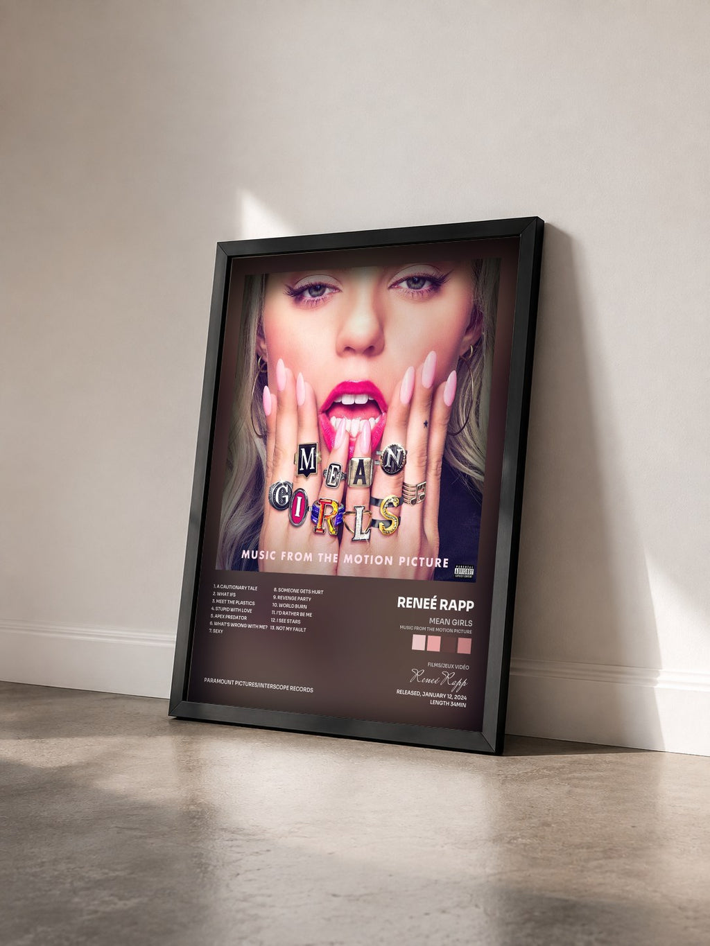 #noir Mean Girls (Music From The Motion Picture) by Reneé Rapp as a framed art print seen at an angle, black frame