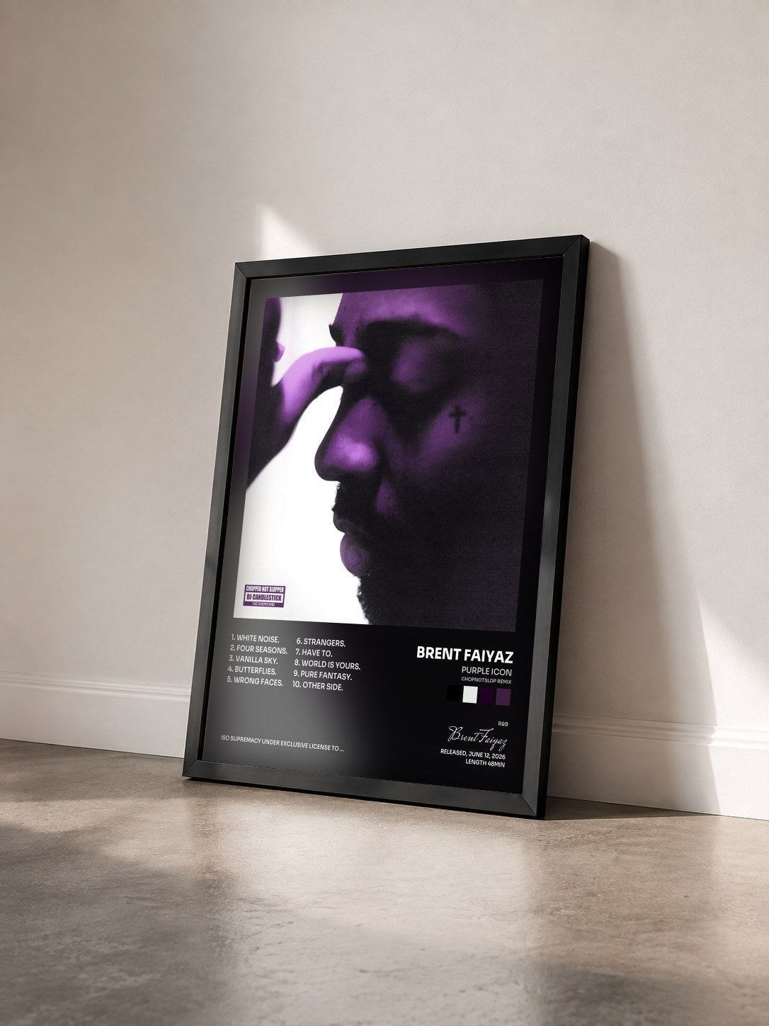 #noir Tableau de l'album PURPLE ICON (CHOPNOTSLOP REMIX) de Brent Faiyaz vu de trois quarts, cadre noir
