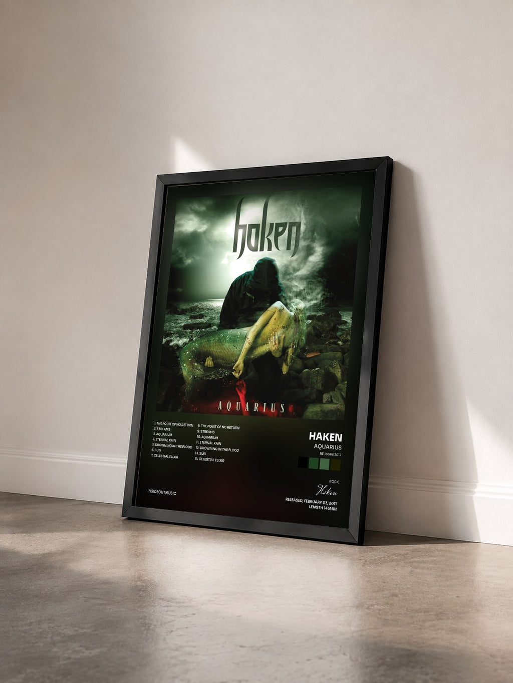 #noir Tableau de l'album Aquarius (Re-issue 2017) de Haken vu de trois quarts, cadre noir