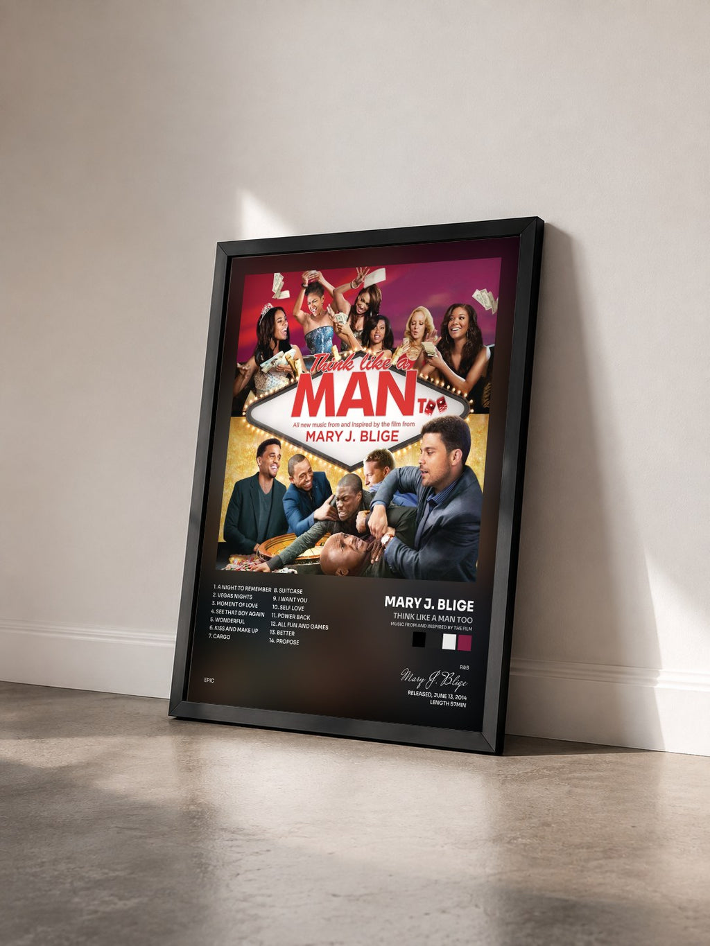 #noir Think Like a Man Too (Music from and Inspired by the Film) by Mary J. Blige as a framed art print seen at an angle, black frame