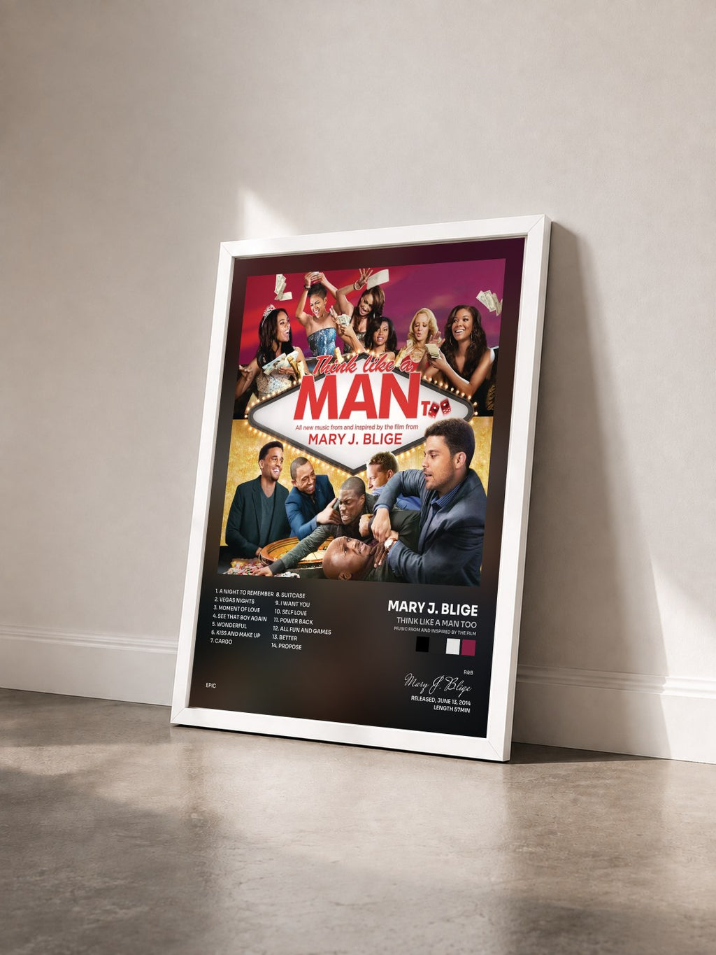 #blanc Think Like a Man Too (Music from and Inspired by the Film) by Mary J. Blige as a framed art print seen at an angle, white frame