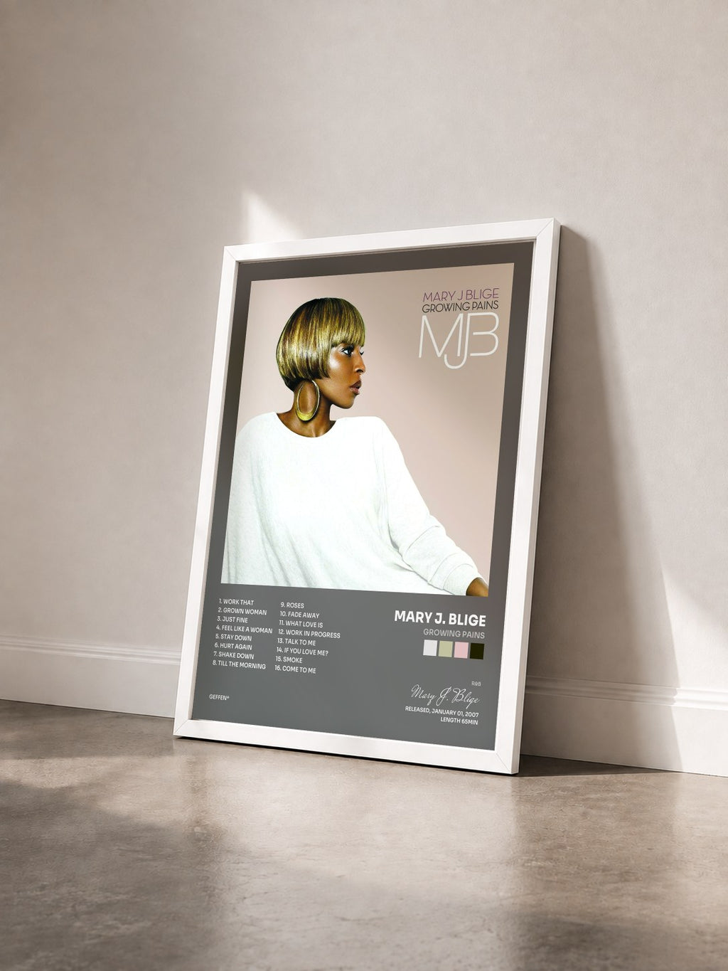 #blanc Tableau de l'album Growing Pains de Mary J. Blige vu de trois quarts, cadre blanc