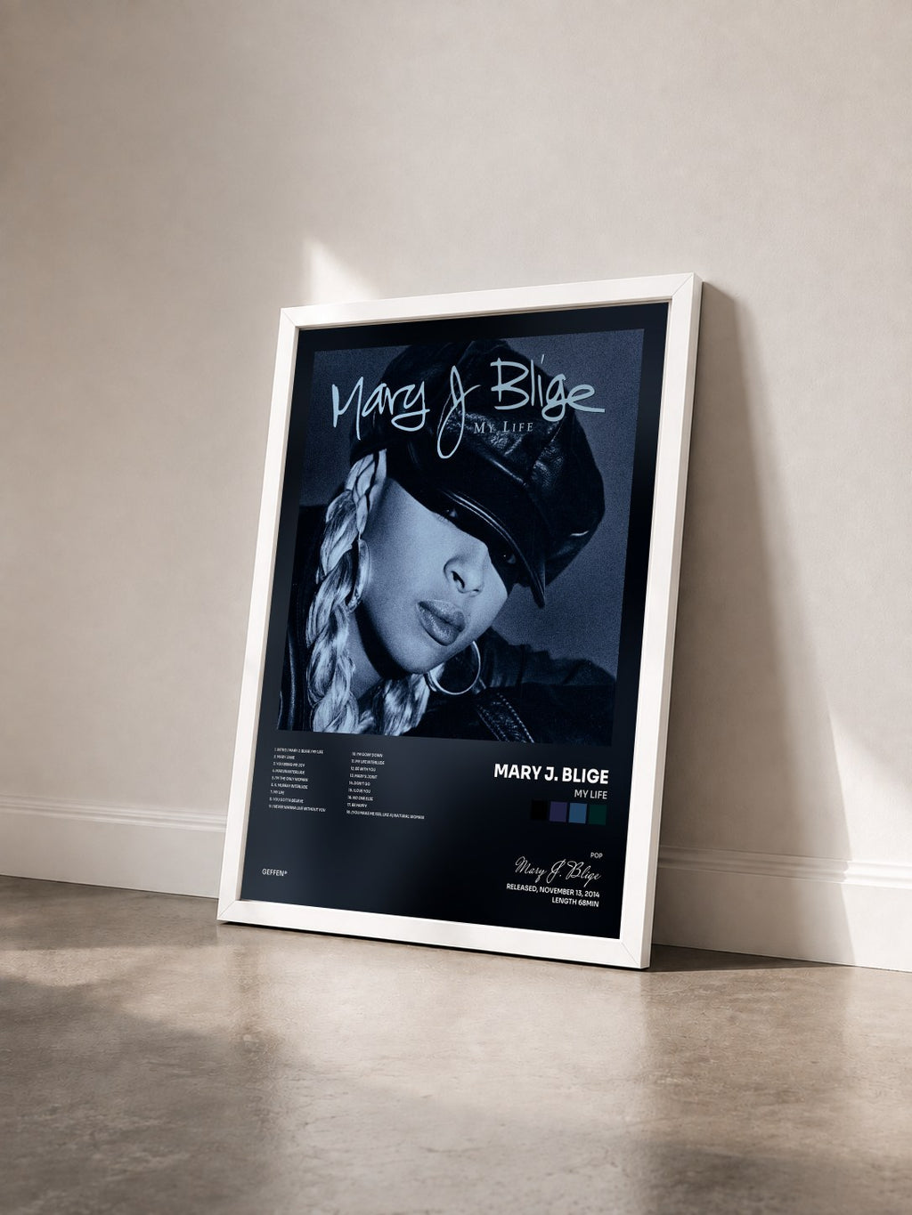 #blanc My Life by Mary J. Blige as a framed art print seen at an angle, white frame