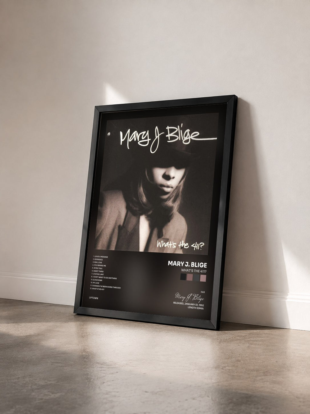 #noir What's The 411? de Mary J. Blige en lámina enmarcada vista de tres cuartos, marco negro