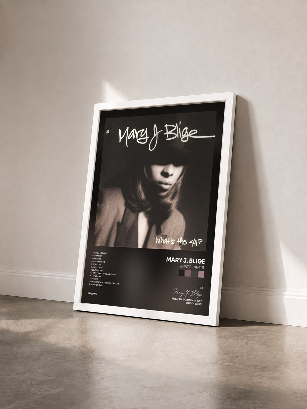 #blanc What's The 411? de Mary J. Blige en lámina enmarcada vista de tres cuartos, marco blanco