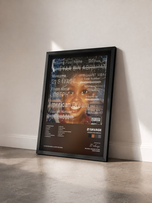 #noir american dream by 21 Savage as a framed art print seen at an angle, black frame