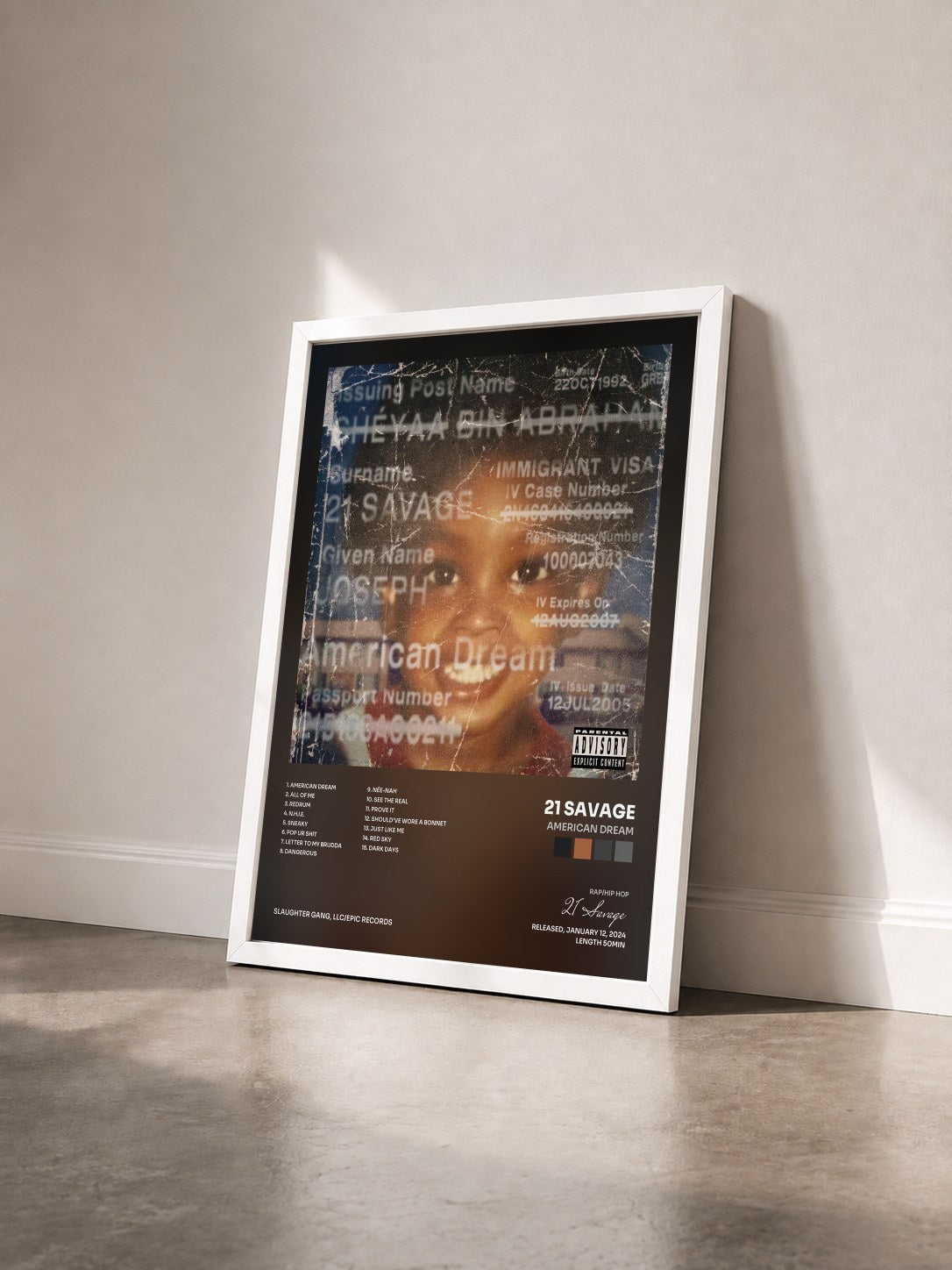 #blanc american dream by 21 Savage as a framed art print seen at an angle, white frame