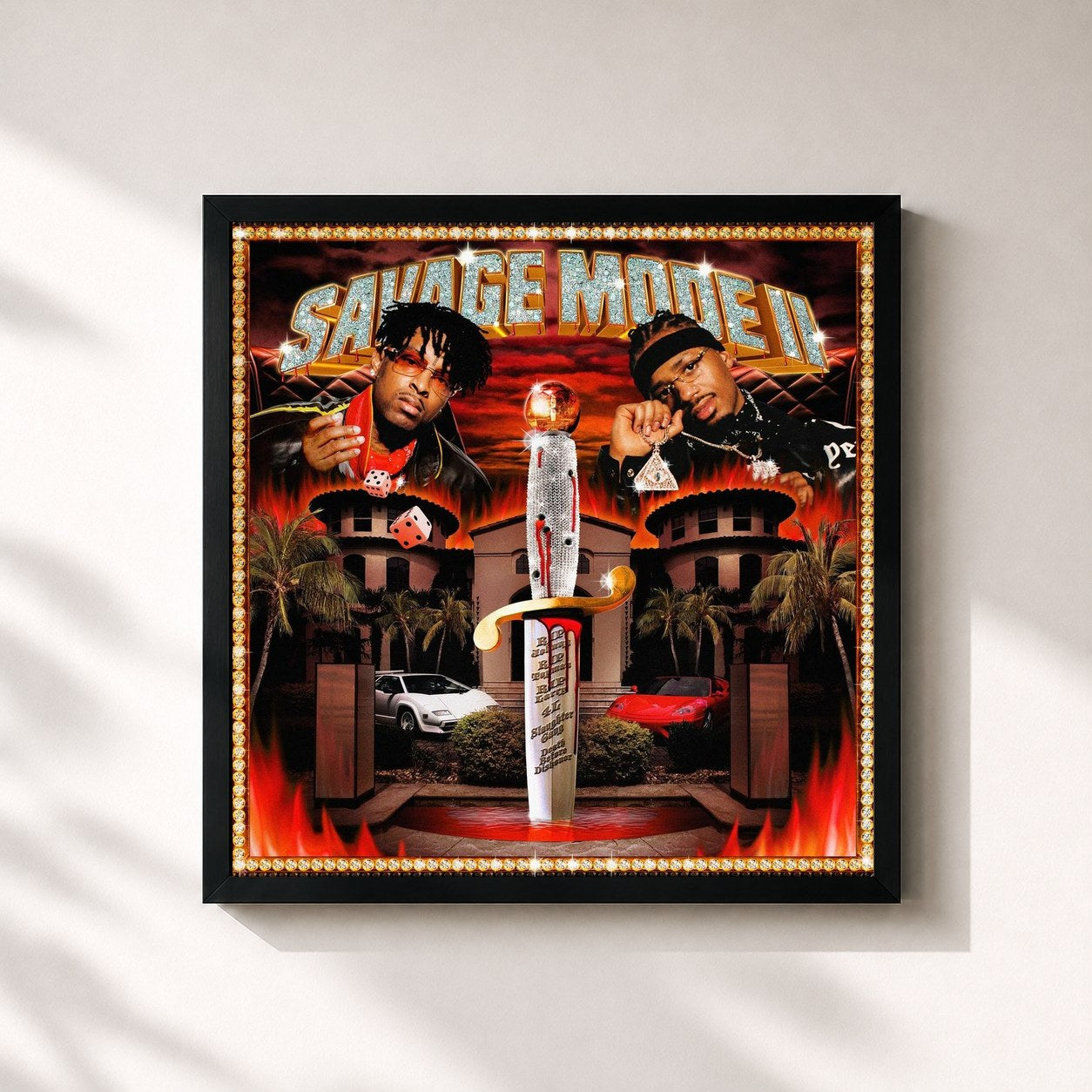 #noir Tableau carré de l'album SAVAGE MODE II de 21 Savage, cadre noir 32x32 cm