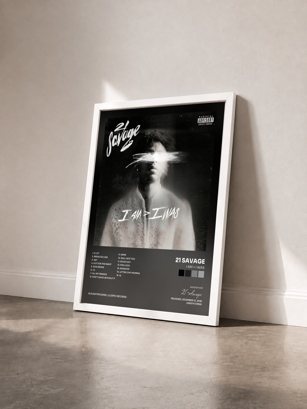 #blanc Tableau de l'album i am > i was de 21 Savage vu de trois quarts, cadre blanc