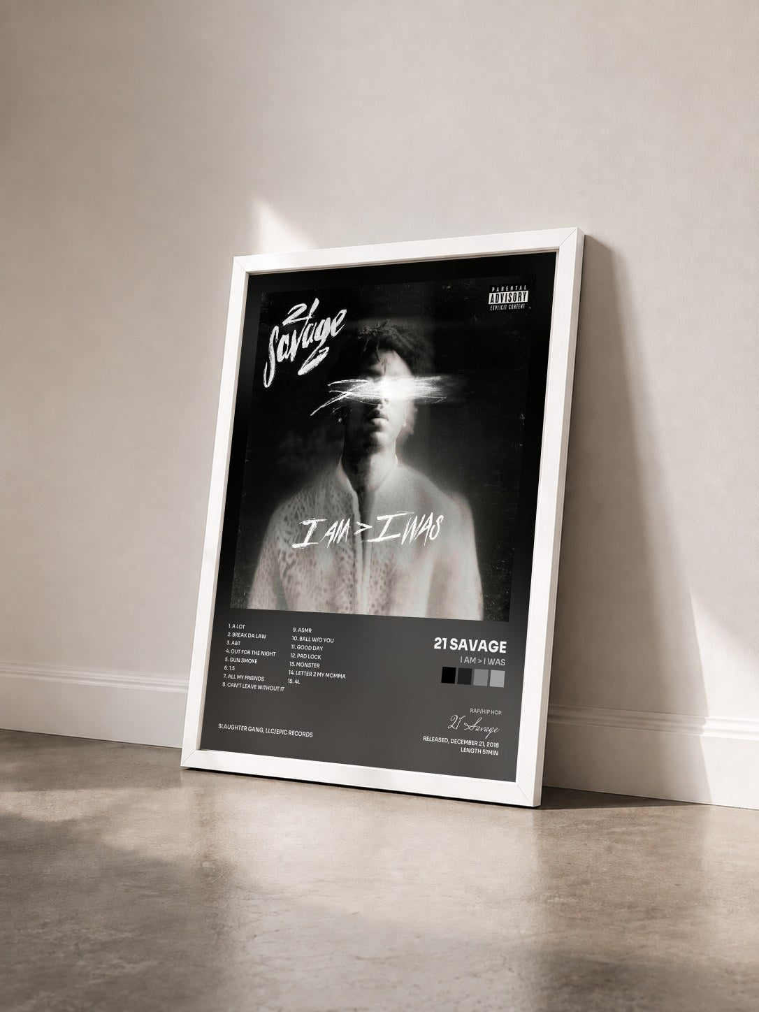 #blanc i am > i was by 21 Savage as a framed art print seen at an angle, white frame