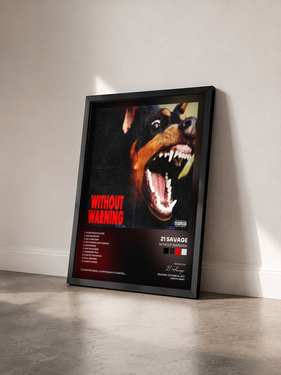 #noir Tableau de l'album Without Warning de 21 Savage vu de trois quarts, cadre noir