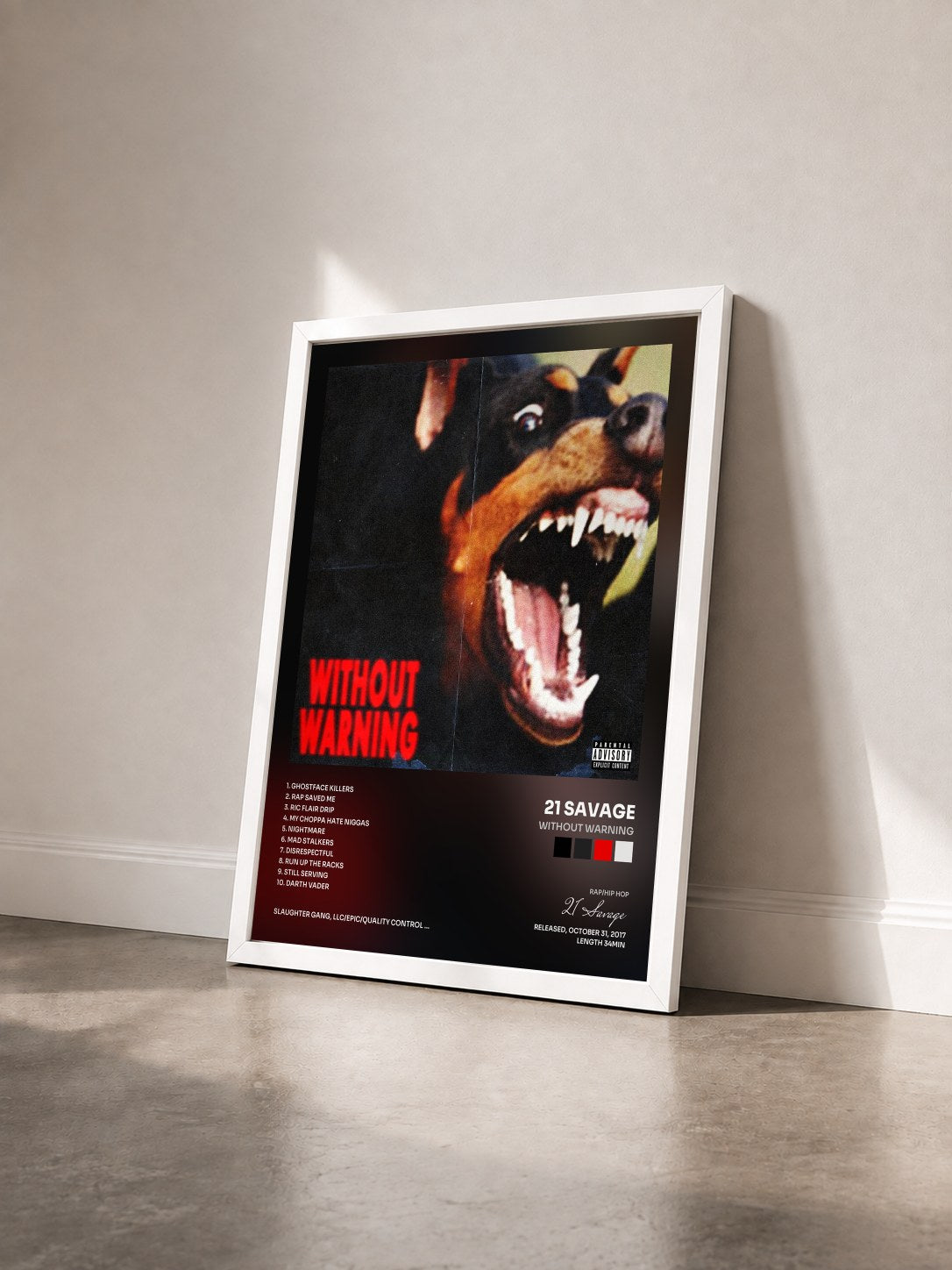 #blanc Tableau de l'album Without Warning de 21 Savage vu de trois quarts, cadre blanc