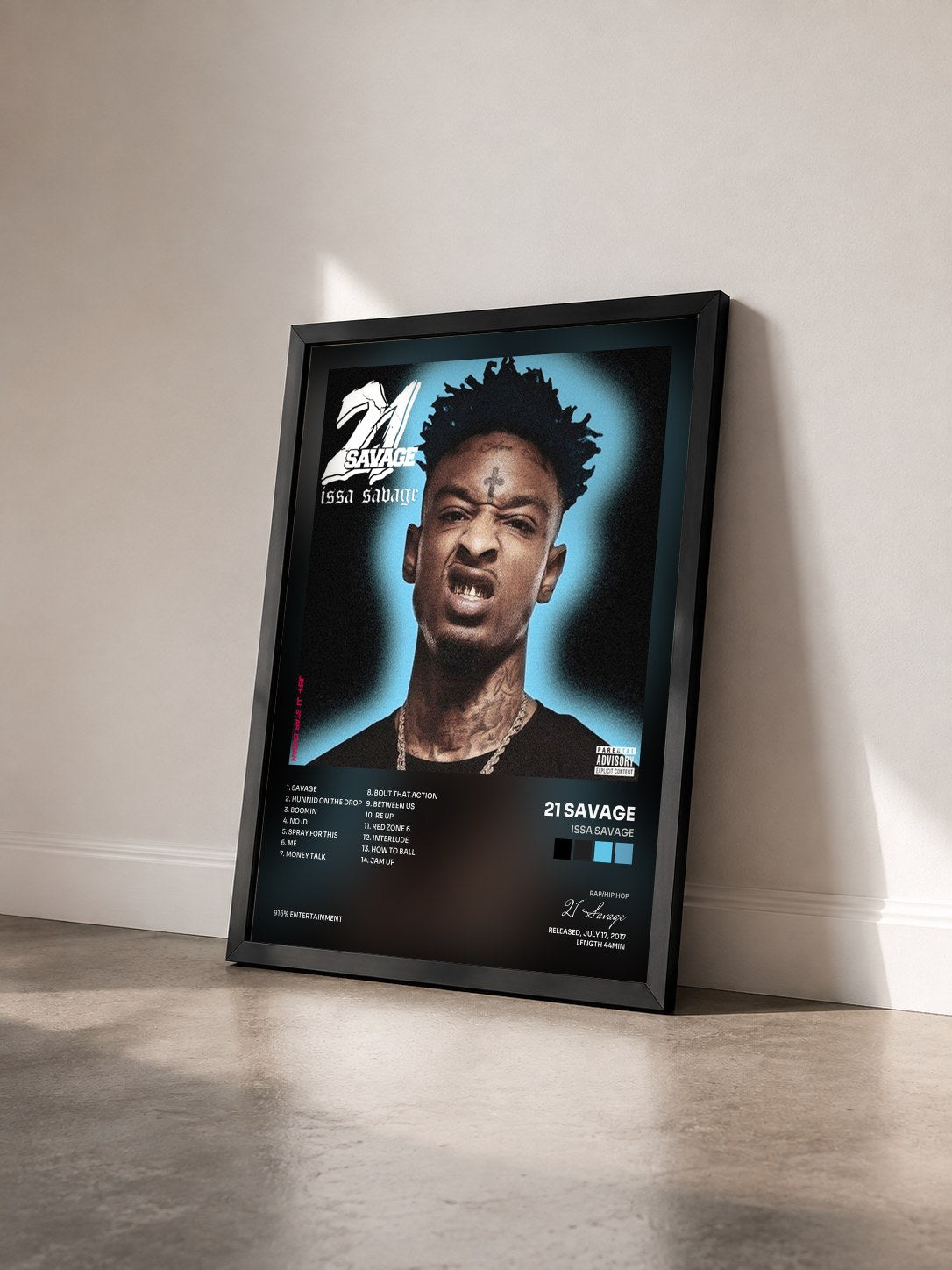 #noir Issa Savage by 21 Savage as a framed art print seen at an angle, black frame