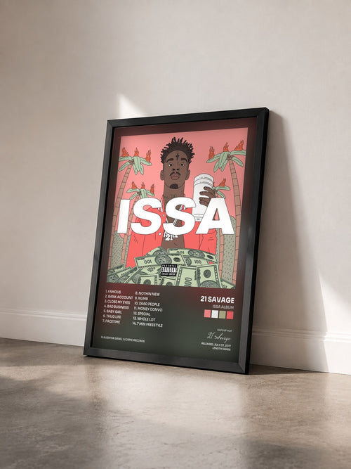 #noir Issa Album by 21 Savage as a framed art print seen at an angle, black frame