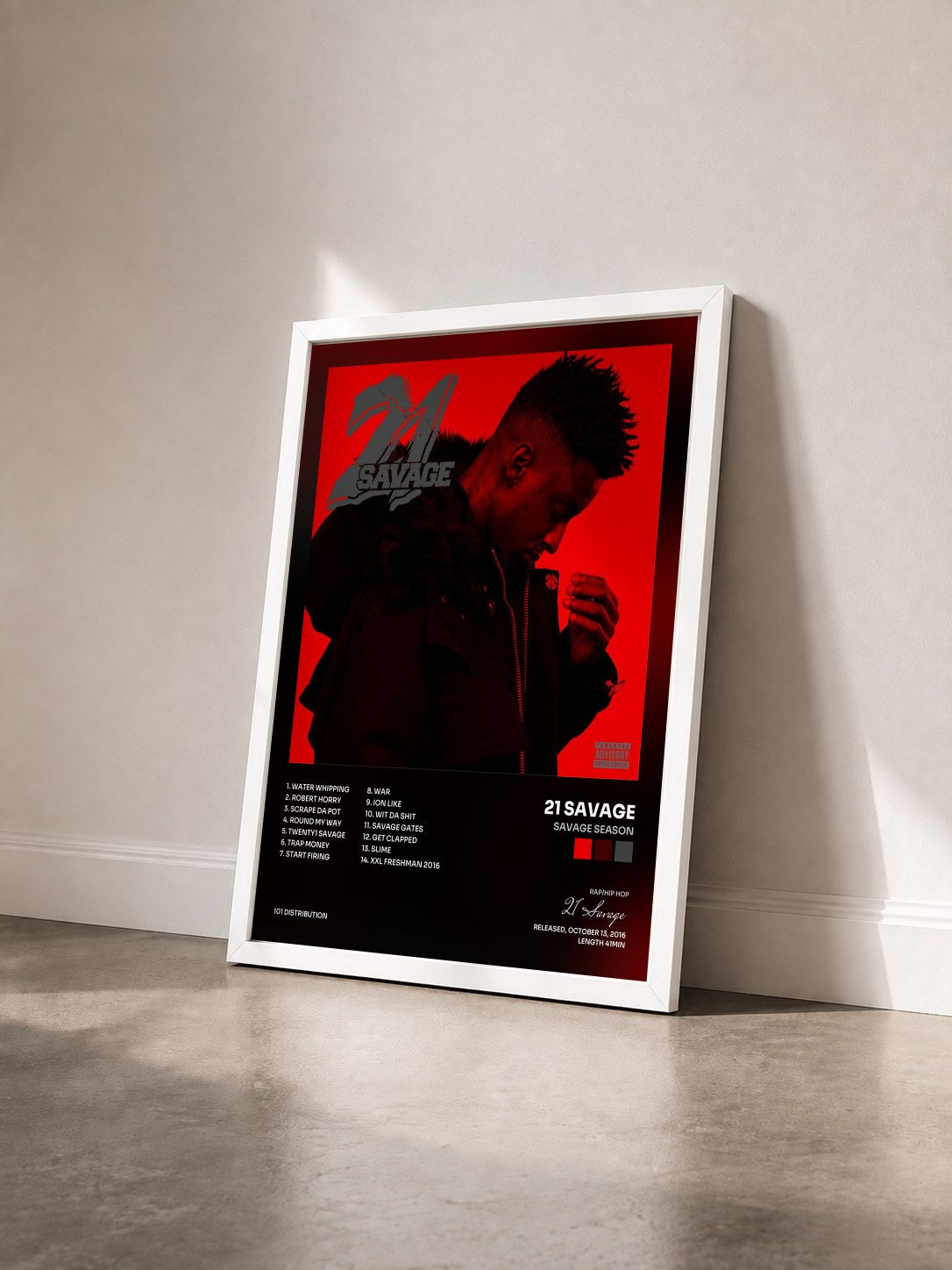 #blanc Savage Season by 21 Savage as a framed art print seen at an angle, white frame