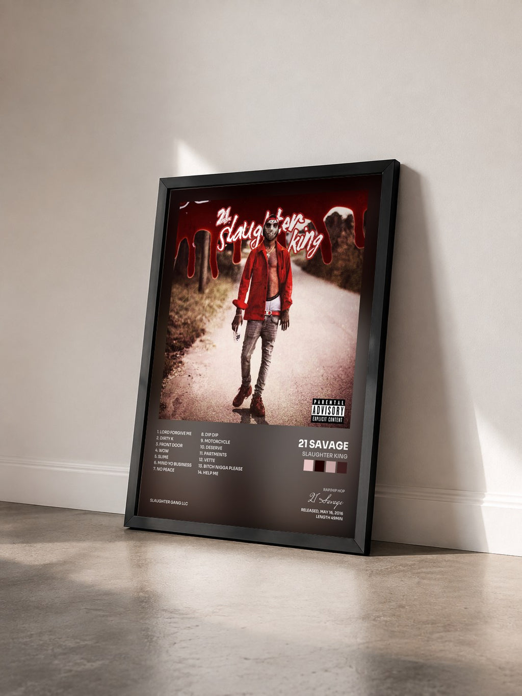 #noir Slaughter King by 21 Savage as a framed art print seen at an angle, black frame