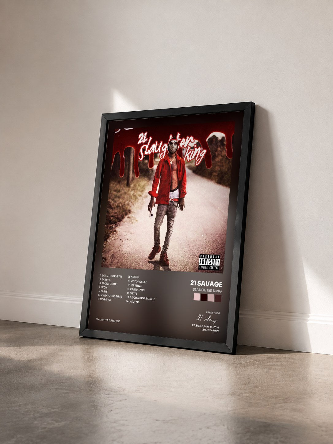#noir Slaughter King by 21 Savage as a framed art print seen at an angle, black frame