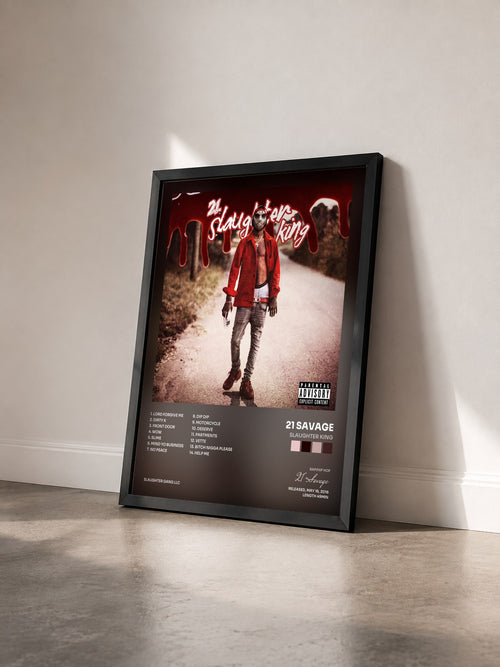 #noir Slaughter King de 21 Savage en lámina enmarcada vista de tres cuartos, marco negro