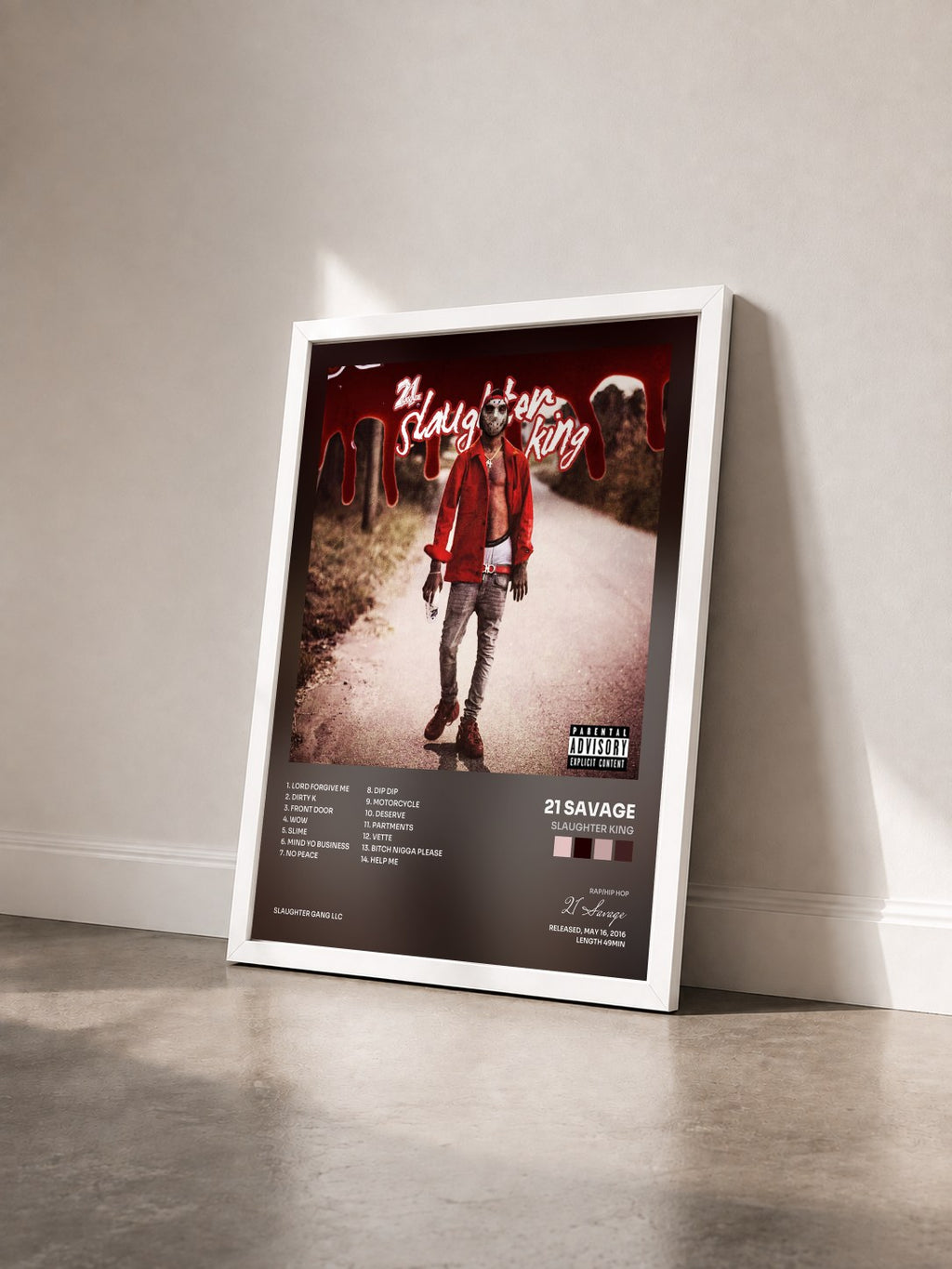 #blanc Slaughter King by 21 Savage as a framed art print seen at an angle, white frame